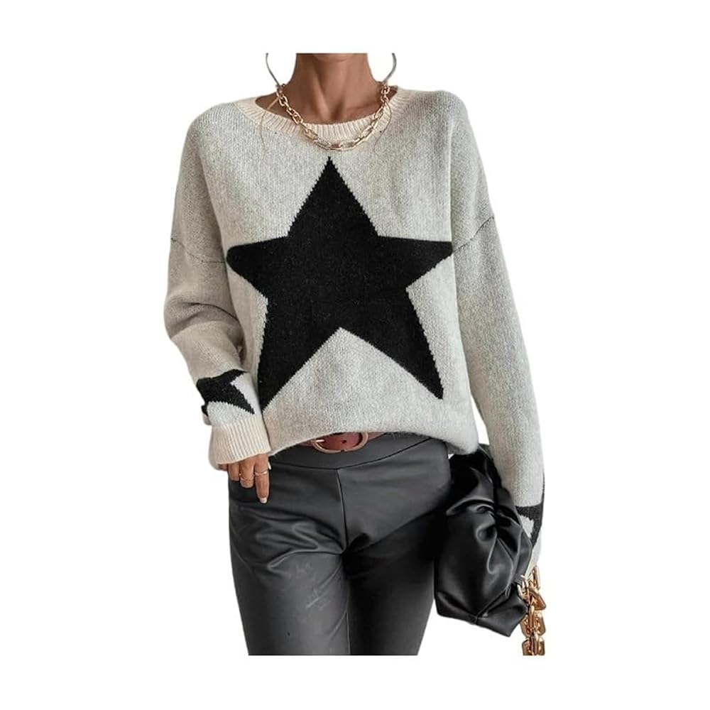 Women's Star Printed Pattern Sweater Long Sleeve Crewneck